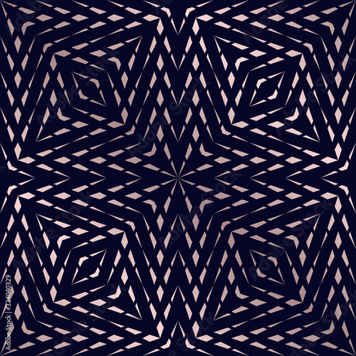 Vector geometric lines seamless texture. Rose gold pattern. Pink gold and black ornament with diagonal lines, grid, net, diamonds, rhombuses. Subtle abstract graphic background. Metallic style design