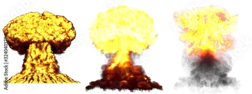 3D illustration of explosion - 3 large very detailed different phases mushroom cloud explosion of atom bomb with smoke and fire isolated on white