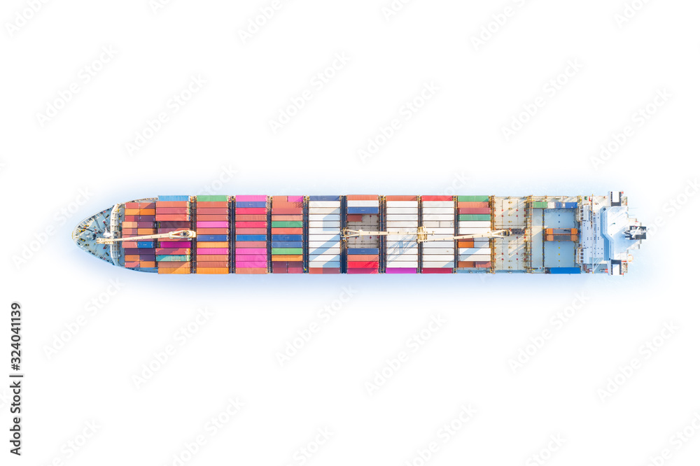 Large container ship sailing blue sea. Top view isolated with clipping path