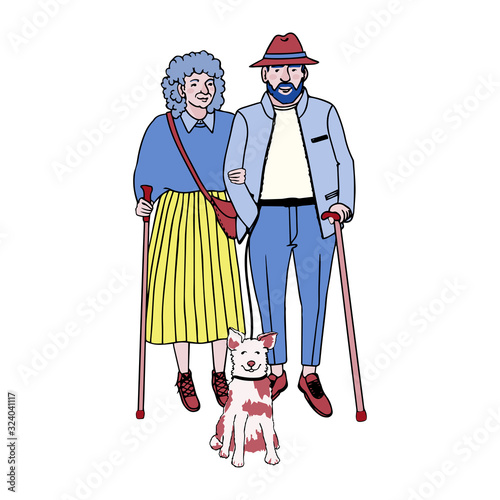 Vector colorful illustration of old people walking with their dog isolated on white background