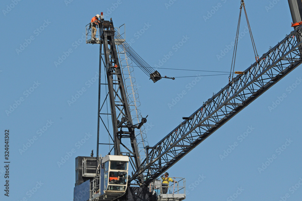 Building series. Assembly of the Sky Crane on the new Multistory Unit building under construction at 277 Mann St. Gosford. May 11, 2019 Building series. Assembly of the Sky Crane on the new Multistory Unit building under construction at 277 Mann St. Gosford. May 11, 2019