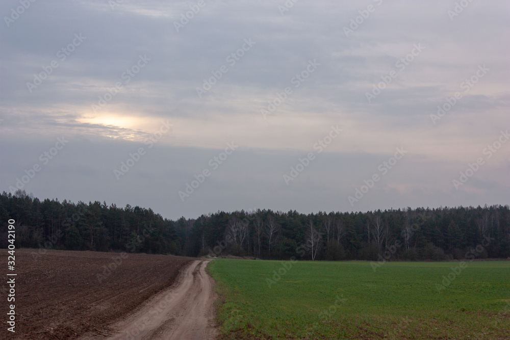 Natural background with winter fields without snow, a country road, haystacks, a forest on the horizon and a cloudy sky with spots of light.