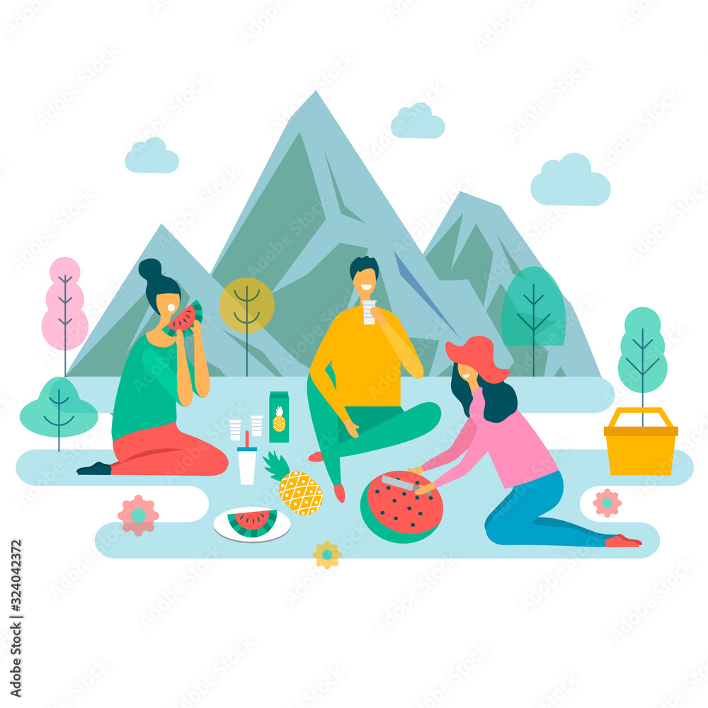 family on a picnic in nature on white background