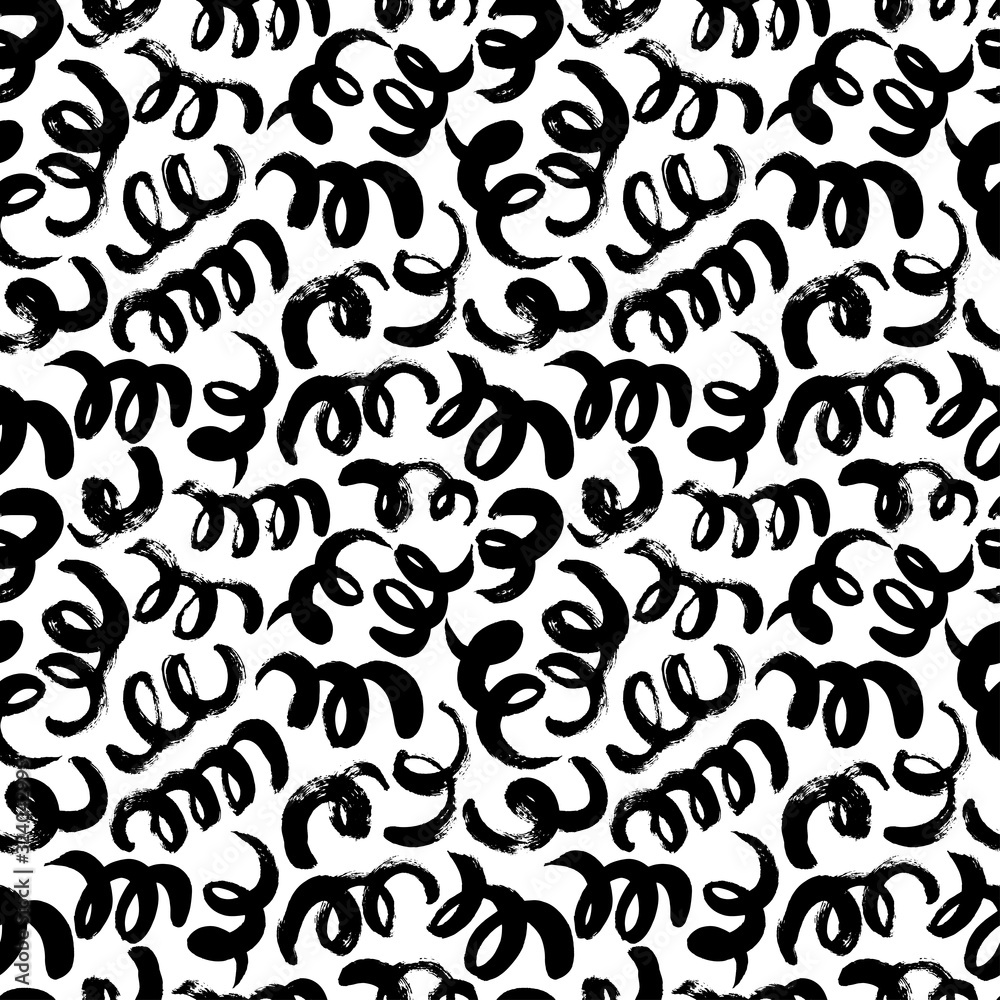Swirls and curls vector seamless pattern. Grunge black paint brush