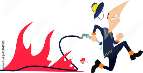 Frightened fireman runs away from the fire illustration. Frightened fireman with fire hose loses a helmet and runs away from the fire isolated on white