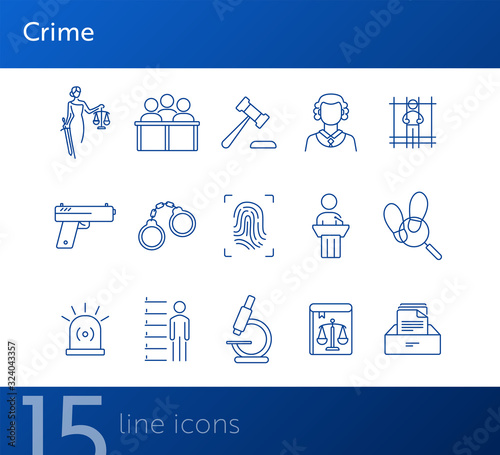 Crime line icon set. Themis statue, judge gavel, fingerprint. Justice concept. Can be used for topics like court, trial, investigation, evidence