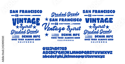 Vector illustration on a theme of American jeans, denim and raw. Vintage design. Grunge background. Typography, t-shirt graphics, print, poster, banner, flyer, postcard. Retro alphabet, Slab Serif 