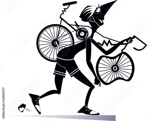 Tired cyclist with a broken bike isolated illustration. Tired cartoon cyclist man in helmet carries a broken bike on the shoulder black on white illustration