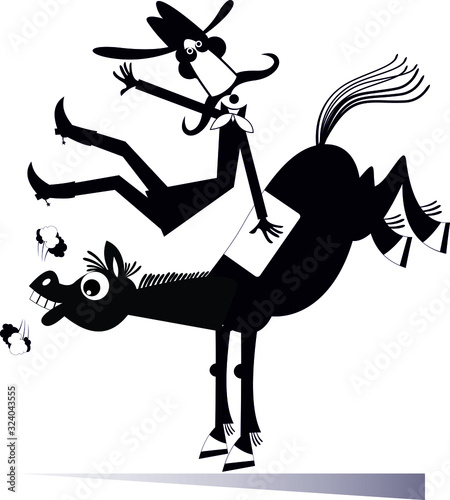 Cartoon rider falls from the horse isolated illustration. Funny long mustache man or cowboy falling down from the horse black on white 
