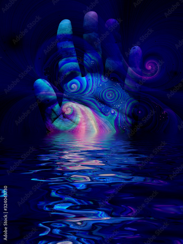 Surreal digital art. Swirling lines and palm reflected in the water