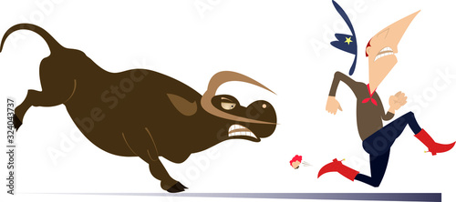 Farmer or cowboy and angry bull illustration. Frightened farmer or cowboy runs away from the angry bull isolated on white
