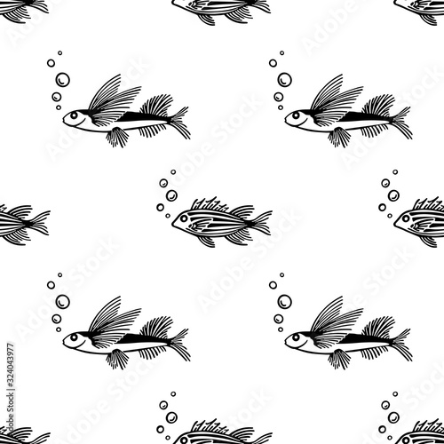 Seamless outline pattern of fish with bubbles.Vector endless pattern. Fish pattern on white background. Design for fish market, shop, restaurant. For wrapping paper, box,scrapbooking, background