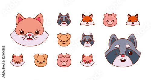 Cute kawaii animals cartoons line and fill style icon set vector design