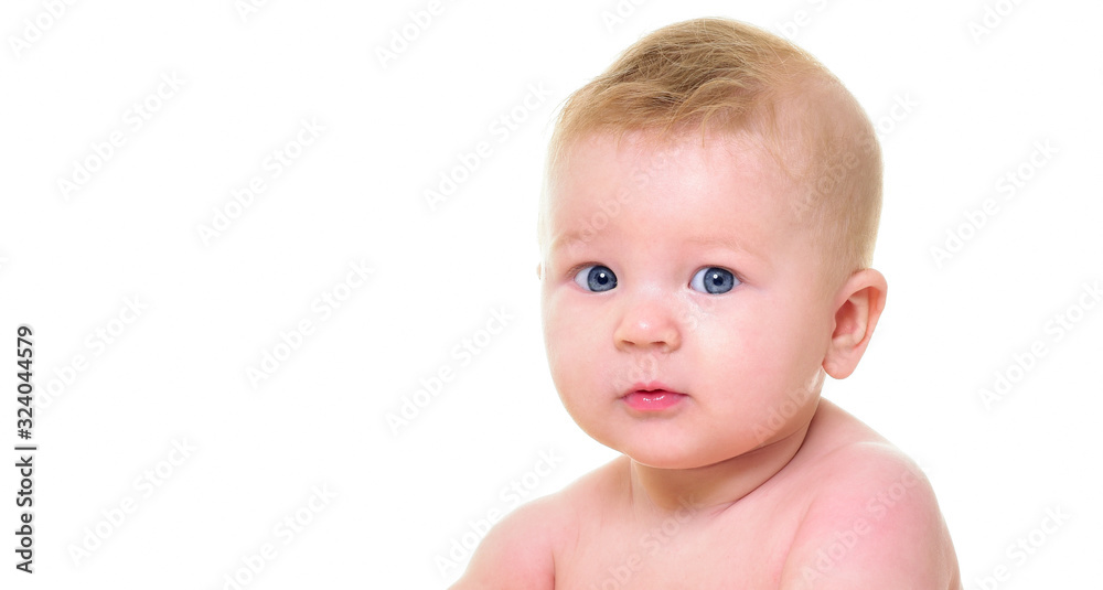 Beautiful happy baby. One, isolated on white. Beautiful happy baby. One, isolated on white.