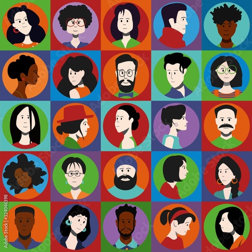 Set of color portraits of people, men and women of different sexes and different races. Vector flat icons.