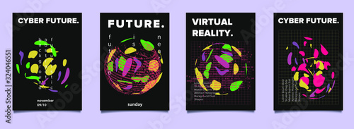 Set of cyberpunk/ vaporwave/ synthwave style futuristic posters with binary code and 3d figures. Collection of covers for hackathon, informational security or infosec event.