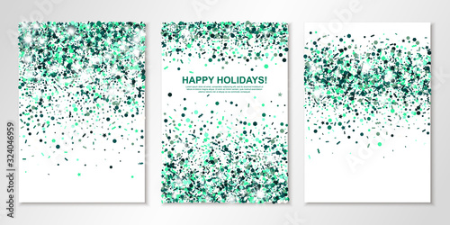 Banners set with emerald confetti on white. Vector flyer design templates for wedding, invitation cards, save the date, business brochure design, certificates. All layered and isolated