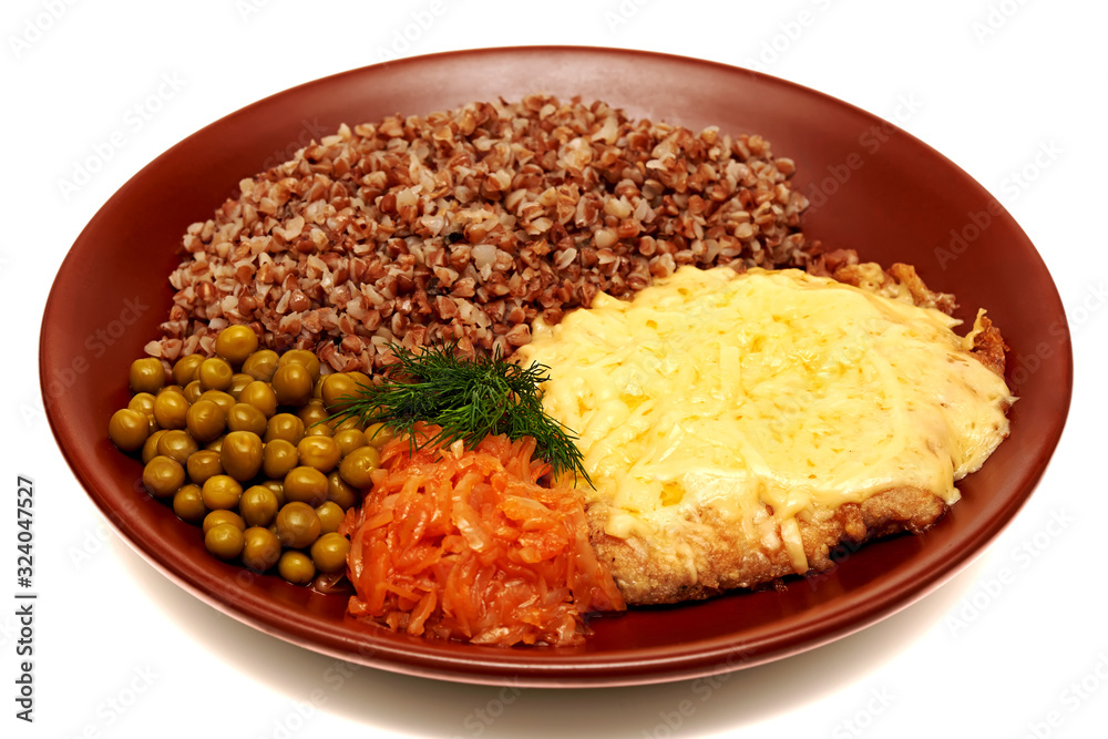 roast pork with cheese, buckwheat porridge, cabbage and peas