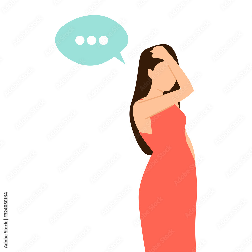 Pensive young girl wearing red dress. Thinking about question, pensive expression.  Vector illustration.