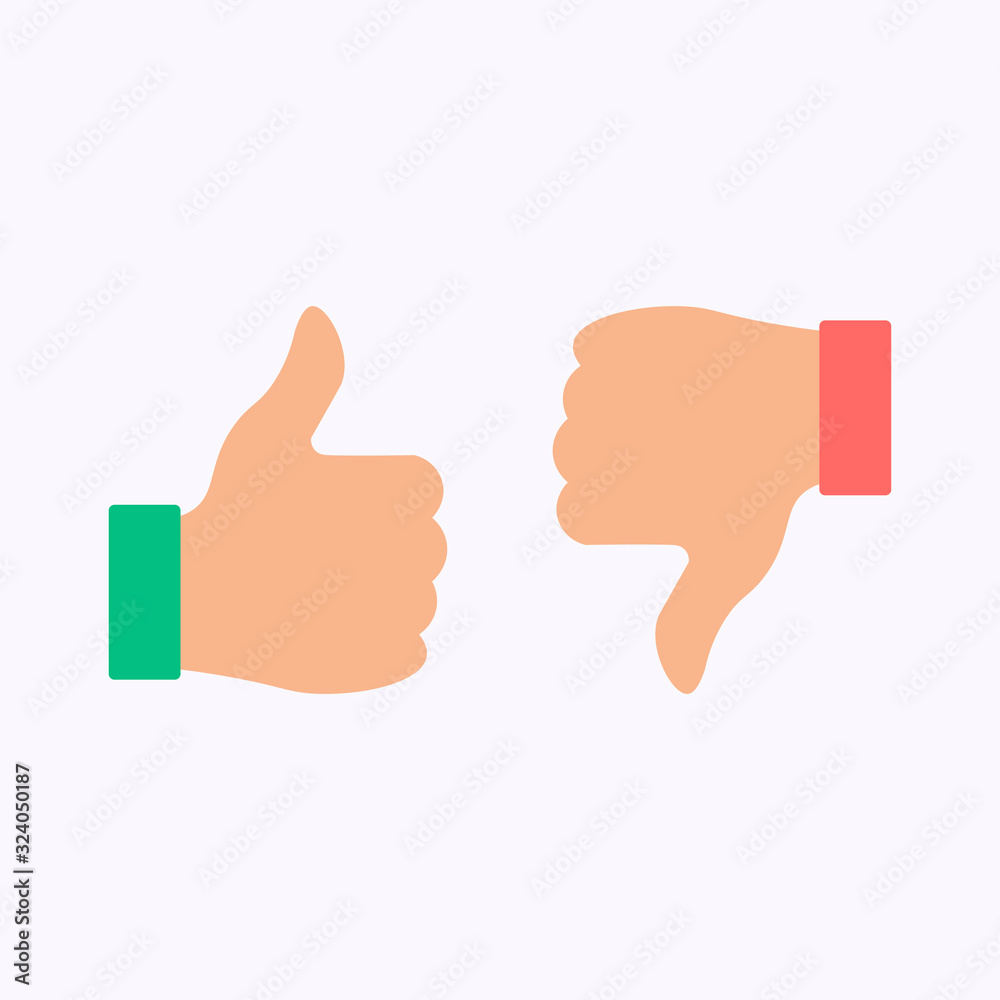 Like unlike buttons. Thumbs up and down isolated icons. Yes and no fingers, button positive negative nope marks.  Vector illustration.
