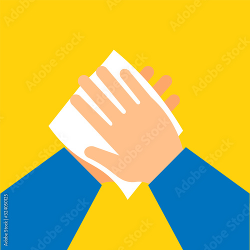 Wipe your hand with damp cloth. Wipe skin paper tissue. Disease prevention. Wash hand. Personal hygiene. White napkin.  Vector illustration. 