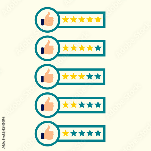 Consumer or customer product rating for apps and websites. Positive feedback concept. Business hand give five star rating. Hand with pointing finger pointing to rating stars. Vector illustration. 