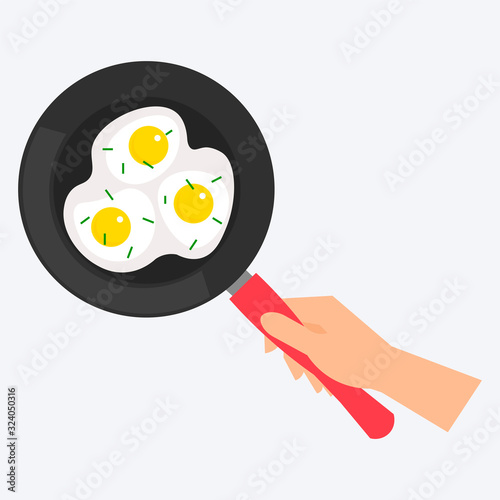 Pan with fried egg. Hand holding a fry pan with a fried egg. The breakfast. Cookware, cooking, food. Vector illustration. 