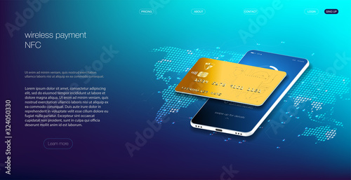 Isometric map of the world with the global financial system. Money transfer all over the world. Financial transactions in all world. Internet bank and immediate payment or remittance concept. 