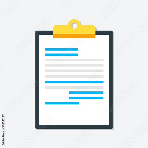 Clipboard with document. Filling insurance claim form, paperwork, income tax form, write a report, business concepts. Vector illustration.