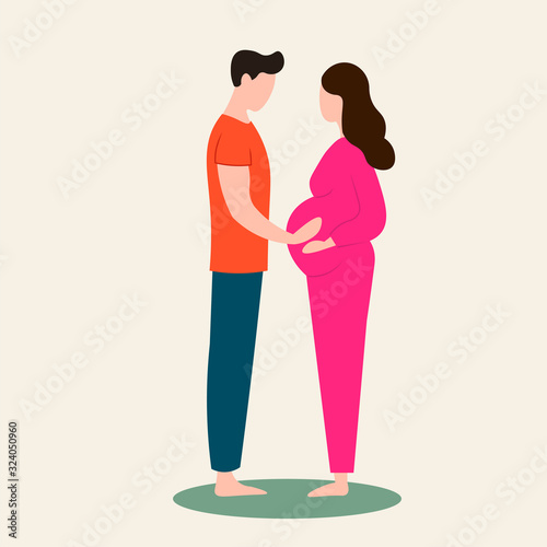 Happy expecting couple. Pregnancy test. Happy young couple. Vector illustration. 