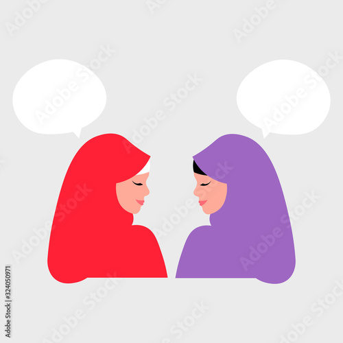 Two muslim woman in hijab with speech bubbles. Vector illustration.