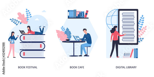 Set of 3 concepts: book festival and cafe, digital library. People are standing, lying and sitting reading books. Girl chooses literature online. Flat vector illustration.