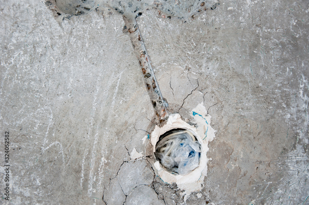 power socket set. Electrical wires on wall. lay wires wall. hole in