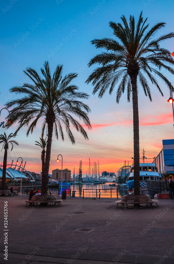 Fototapeta premium Old port of Genoa at sunset, Liguria, Italy