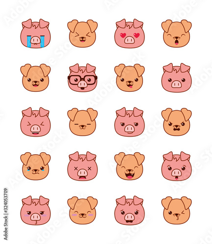 Cute kawaii animals cartoons line and fill style icon set vector design