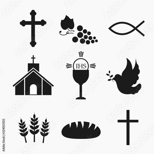 Catholic icons on white background. Church of Holy Communion