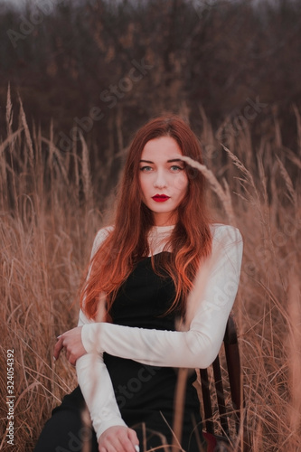  Portrait of a beautiful redhead girl in a field