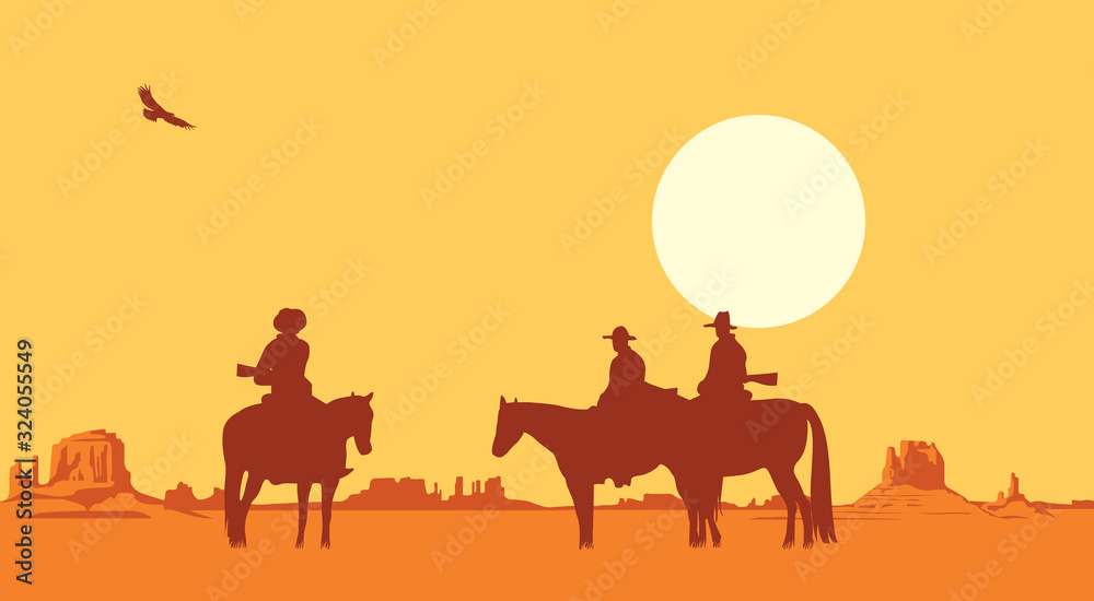 Naklejka premium Vector landscape with wild American prairies and silhouettes of armed cowboys on horseback at sunset or dawn. Decorative illustration on the theme of the wild West.