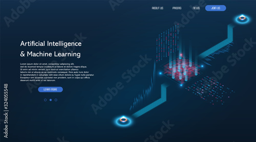 Big data abstract conceptual background. Machine learning algorithms image. Landscape web banner. Vector illustration