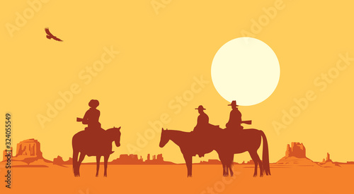 Vector landscape with wild American prairies and silhouettes of armed cowboys on horseback at sunset or dawn. Decorative illustration on the theme of the wild West.