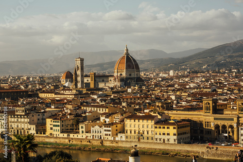 Fantastic view of Florence in Italy with Arno River and the Cathedral with the big dome. Panorama of historical center of Florence from Piazzale Michelangelo. Panorama at Duomo.
