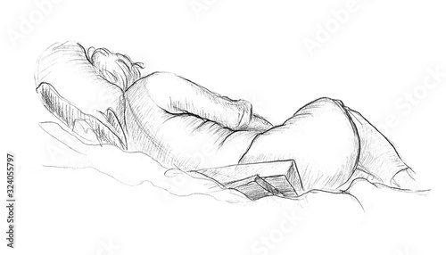 A quick pencil sketch of a woman lying in clothes. View from the back. Sketch on white paper.
