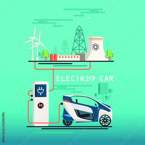 Vector Image. Мini electric car and electric station. Сharging system. flat design.Ecologically clean transport.