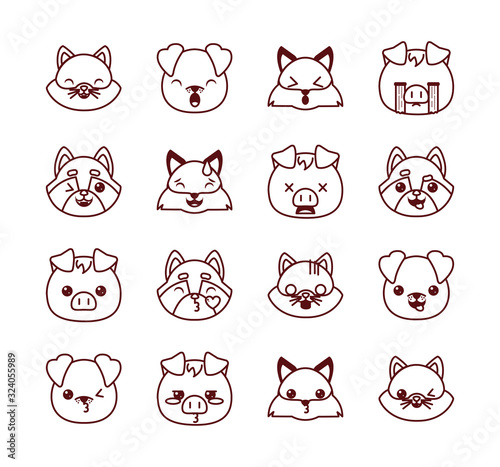 Cute kawaii animals cartoons line style icon set vector design