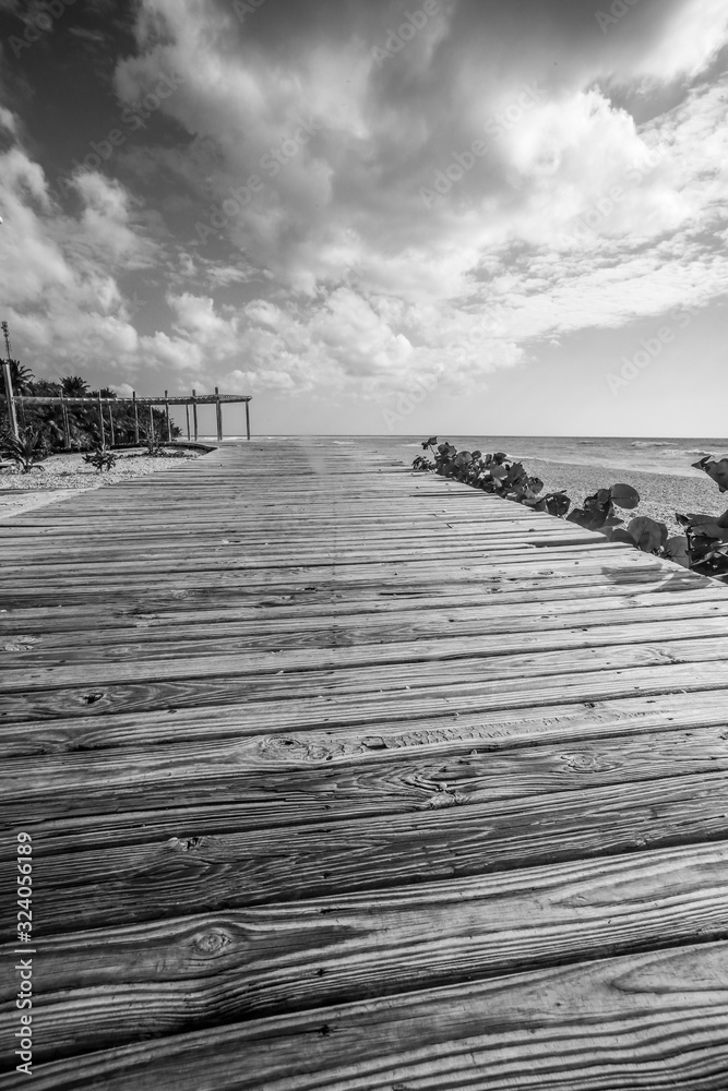Obraz premium dramatic black and white image of a wooden dock leading to the caribbean coast at Los Patos, Dominican Republic.