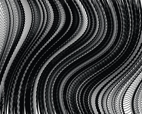  Abstract background with optical illusion wave. Black and white horizontal lines with wavy distortion effect for prints, web pages, template, posters, monochrome backgrounds and pattern