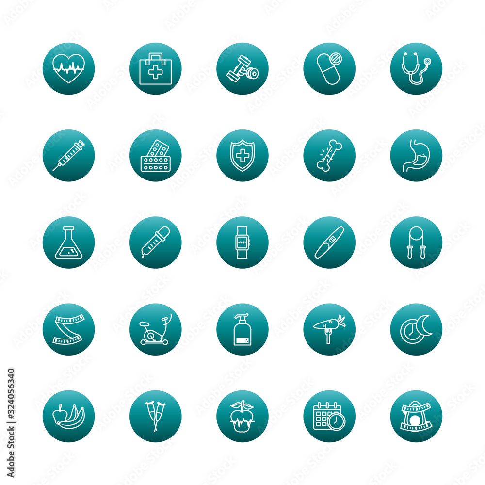 Healthy lifestyle block gradient style icon set vector design Healthy lifestyle block gradient style icon set vector design
