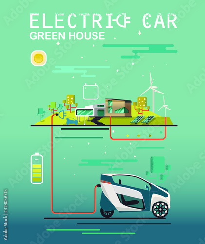 Green energy an eco friendly modern house. Solar, wind power. Vector concept illustration. Mini electric car charging system. Ecologically clean transport.