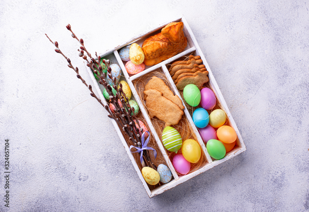 Box with Easter cookies and eggs Box with Easter cookies and eggs