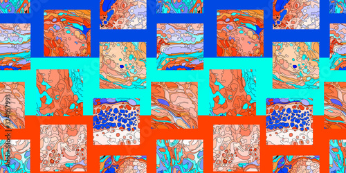 Collage of modern art with squares and signature stylish colors. Art nouveau pattern with horizontal colored stripes. Signature shades and geometric textures.